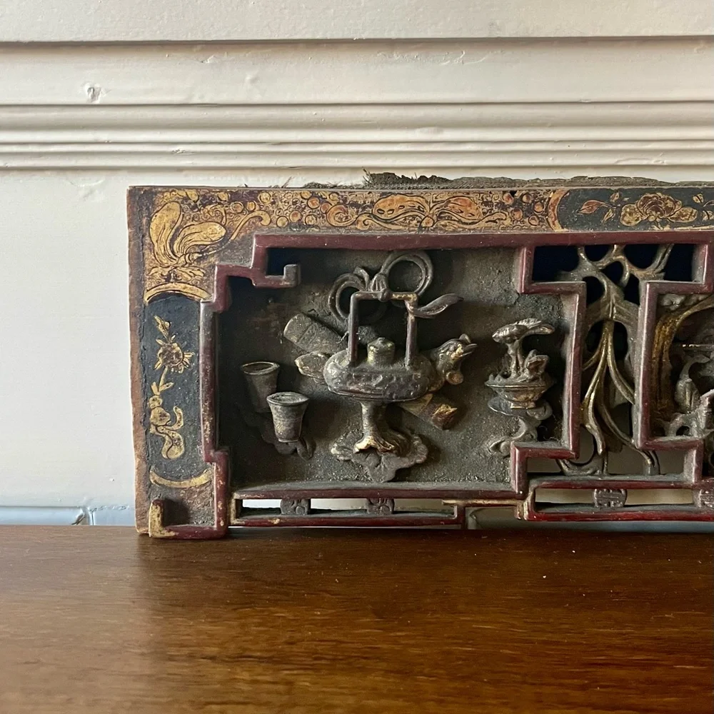 Antique Chinese Hand-Carved Wood Architectural Panel